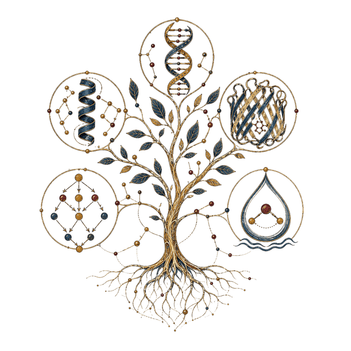 Illustration of a knowledge tree with roots and branches connecting to circular motifs of DNA, protein structure, a decision tree, and a water droplet