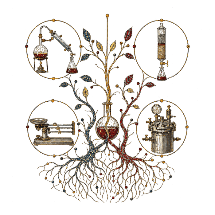 Illustration of alchemical laboratory instruments — distillation apparatus, filtration column, balance scale, and pressure vessel — connected by a branching tree