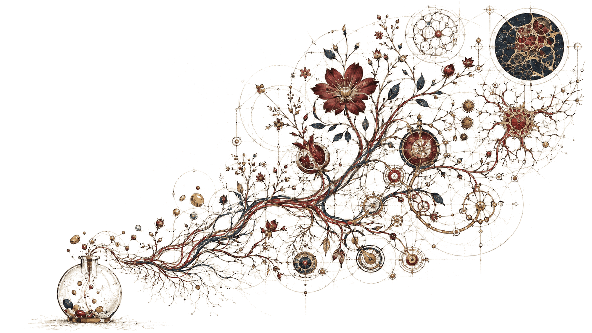 Manuscript-style illustration of a flowering tree whose roots form a human circulatory system, connected to an alchemical distillation apparatus