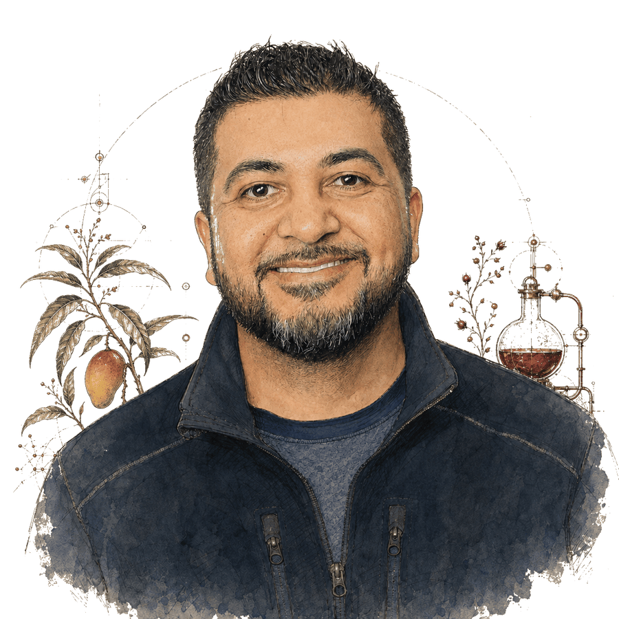 Illustrated portrait of Khalid K. Alam, founder of Al-kimi, with botanical and alchemical motifs